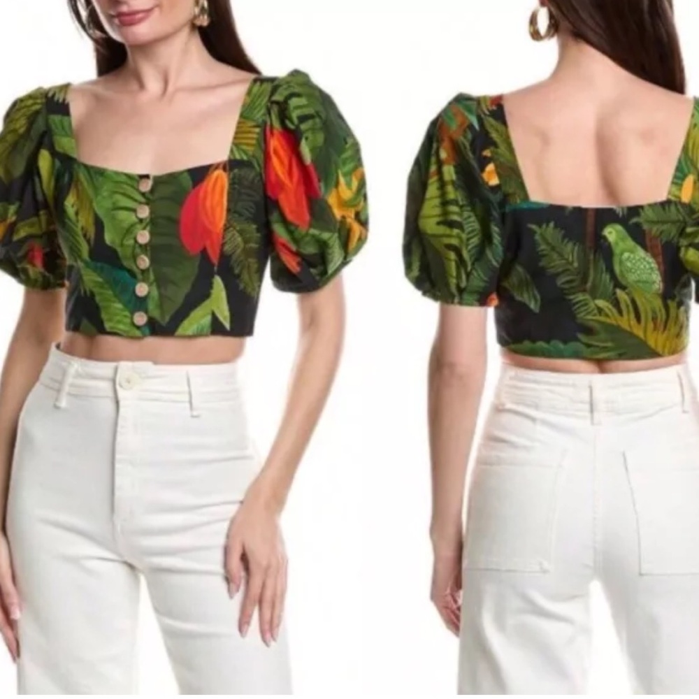 🆕 Farm Rio Cocoa Forest Tropical Print Cropped Button Down Top Size M - Picture 6 of 16